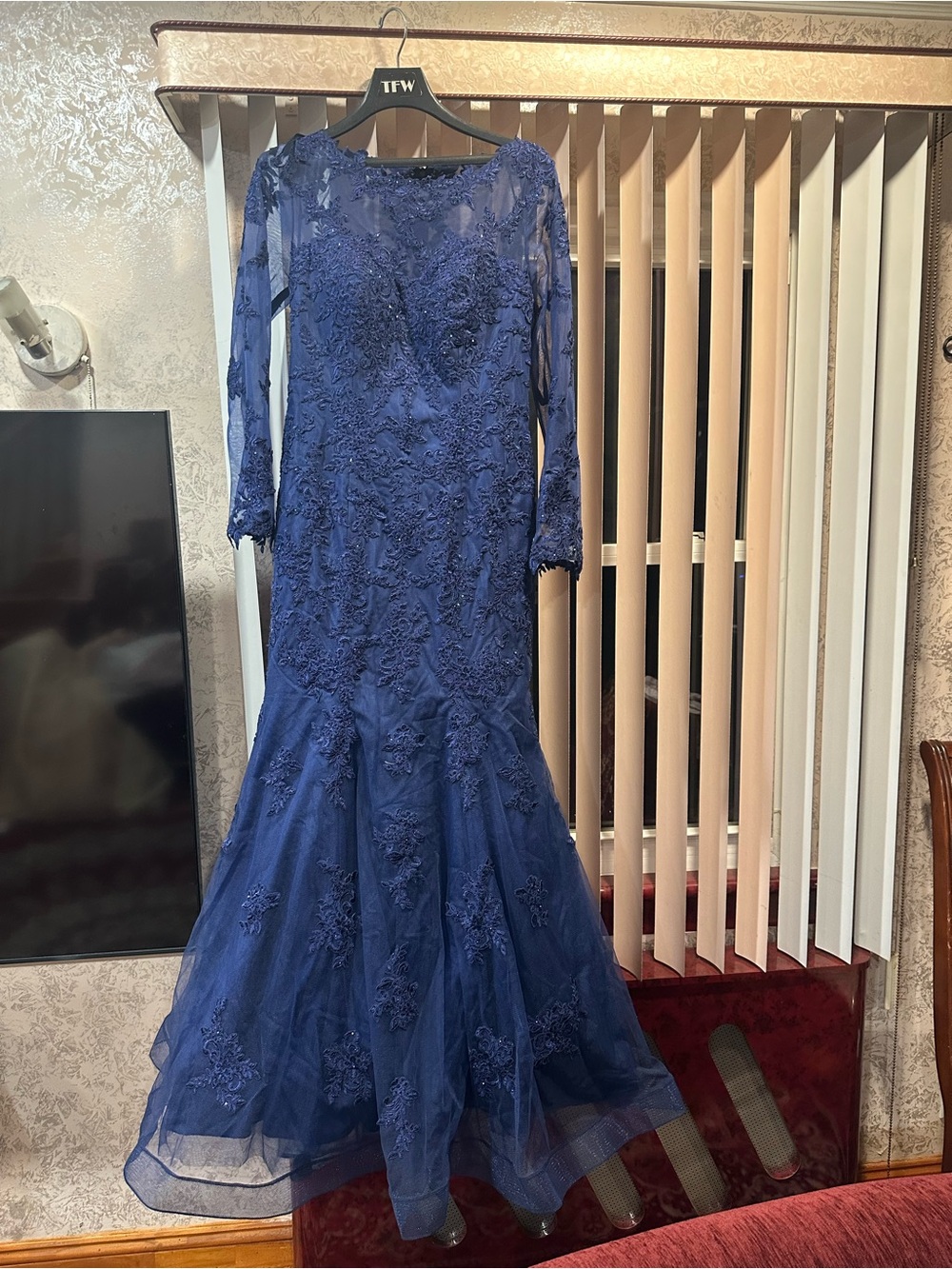 GLO jeans Navy Blue Long Sleeve Lace Mermaid Gown